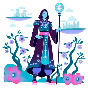A character wearing an elaborate, fantastical outfit, complete with flowing robes adorned with glowing symbols and intricate patterns. The outfit also features a hood that partially obscures the character's face, revealing only a determined expression with bright, curious eyes. The character is standing at the edge of a whimsical landscape filled with vibrant, oversized flowers and twisting trees with luminescent leaves. In the background, floating islands hover in a colorful sky dotted with fluffy clouds, suggesting a magical atmosphere. The character is holding a glowing staff that emits sparkles, symbolizing the start of their adventure.
