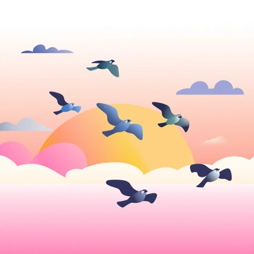 A flock of six birds is flying in a V-formation across a sunset sky. The birds have a mix of colors, including shades of black and white, with their wings spread wide. The sky is filled with a gradient of warm colors, transitioning from deep orange near the horizon to soft purple higher up. Wispy clouds are scattered throughout the sky, reflecting the vibrant hues of the sunset. The birds are silhouetted against the colorful backdrop, creating a striking contrast.