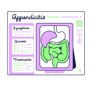 A medical chart is displayed prominently on a wall. The chart features a detailed diagram of the digestive system, with clear labels for organs such as the stomach, intestines, and liver. To the side, there are handwritten notes detailing symptoms, causes, and treatments related to appendicitis. The notes include bullet points and underlined words for emphasis. The overall layout is organized, with the diagram taking center stage and the notes arranged neatly in columns beside it.