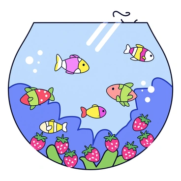 An underwater scene featuring a variety of colorful fish swimming among vibrant red strawberries. The strawberries are surrounded by green leaves, resembling coral formations. Bubbles rise gently through the water, adding movement to the scene. Sunlight filters through the surface of the water, illuminating the fish and strawberries. The background is filled with shades of blue, creating a clear contrast with the bright colors of the fish and strawberries.