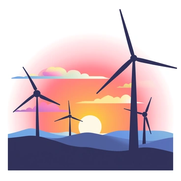 A wind farm with several tall wind turbines is silhouetted against a sunset sky filled with vibrant shades of orange, pink, and purple. The blades of the turbines are dark, contrasting sharply with the colorful sky. Below, the landscape is shadowy, creating a dramatic effect as the sun sets on the horizon, casting a warm glow across the scene. The clouds are wispy and scattered, adding texture to the background, while the overall composition conveys a sense of tranquility.