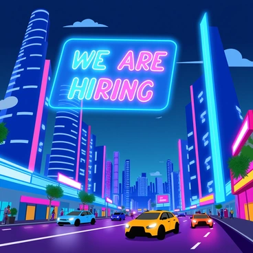 A futuristic cityscape with a holographic 'We Are Hiring' ad hovering above