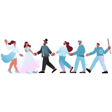 A line of musicians is passing a baton, with each musician dressed in attire that represents a different musical era. The first musician is wearing a baroque costume complete with ornate details, while the next is in a romantic period outfit with flowing fabrics. Following them, a jazz musician is dressed in a stylish suit and fedora. The next musician portrays the rock era with a leather jacket and jeans, and finally, a modern pop musician wears vibrant clothing adorned with electronic accessories. The baton is elegantly exchanged between each musician as they move along the line.