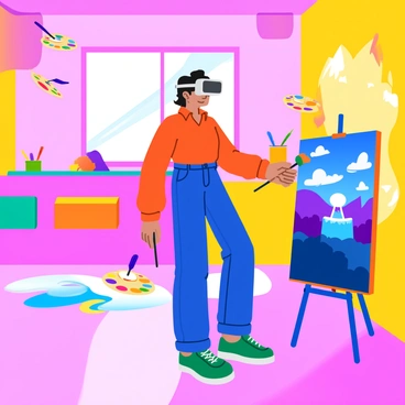 An artist wearing sleek, modern VR goggles is immersed in a vibrant virtual studio environment. The artist's hands are outstretched, holding virtual brushes that leave colorful strokes in the air. Surrounding the artist are floating palettes filled with bright hues and glowing tools. The studio features walls that shimmer with abstract patterns and geometric shapes, creating an energetic atmosphere. A digital canvas stands before the artist, showcasing a lively scene being brought to life with dynamic colors. Bright beams of light illuminate the workspace, enhancing the illusion of creativity in motion.
