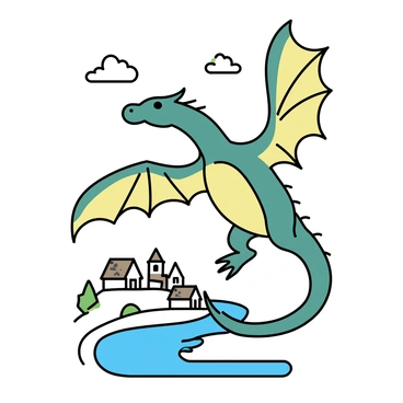 A large mythical dragon with scales displayed in shades of deep green and gold is soaring above a quaint village. The dragon's wings are wide and outstretched, showing intricate patterns. Below, the village features several small, thatched-roof houses clustered together, surrounded by lush greenery. A winding river flows past the village, reflecting the dragon's silhouette above. The sky is clear with a few fluffy clouds, adding depth to the scene.