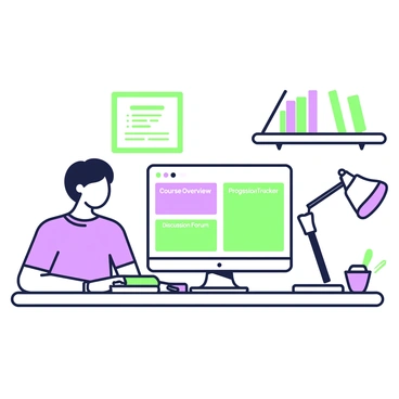 An illustration depicting a user's path through an online learning platform. The scene shows a desktop computer on a wooden desk, displaying a colorful user interface. On the screen, there are sections labeled with "Course Overview," "Progress Tracker," and "Discussion Forum." A user, a young adult with short hair, is sitting in front of the computer, attentively looking at the screen. Next to the computer, there is a notebook with a pen laying on top. Behind the user, there is a wall with a framed certificate and a bookshelf filled with books.