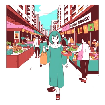 A teal Ichinose is walking through a vibrant street market filled with various colorful stalls. Each stall is adorned with bright banners and has an array of goods on display, including fresh fruits, handmade crafts, and street food. The market is bustling with people, some stopping to sample food while others are engaged in lively conversations. In the background, there are tall buildings that frame the street, and a warm orange light glows from lanterns hanging above the market. Ichinose is smiling, holding a small orange bag filled with treats, while a friendly vendor is handing her a colorful fruit.