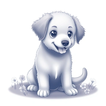 A puppy with fluffy fur is sitting on a soft, grassy surface. The fur has a texture that resembles brush strokes, giving it a unique and intricate appearance. The puppy has large, expressive eyes and floppy ears that add to its charm. It is looking playfully at the viewer, with its tongue out in a happy expression. Surrounding the puppy, there are hints of daisies and clovers in the grass, enhancing the playful and lively atmosphere of the scene.