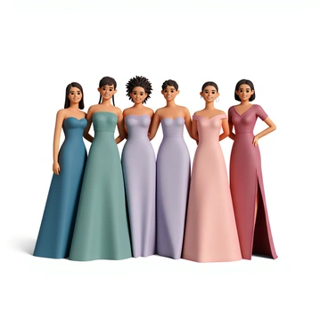 A lineup of bridesmaids standing in a row, each wearing a matching dress in different vibrant colors. The first bridesmaid, on the left, is wearing a deep blue dress, with a fitted bodice and flowing skirt. Next to her, the second bridesmaid is dressed in a rich emerald green gown, showcasing a halter neck design. The third bridesmaid wears a soft lavender dress, adorned with delicate lace details. The fourth bridesmaid is in a bright coral dress, featuring an off-the-shoulder neckline. The fifth bridesmaid, on the far right, is dressed in a bold crimson gown, with a sleek silhouette and a high slit. Each bridesmaid has her hair styled elegantly, and they are all smiling as they pose together.