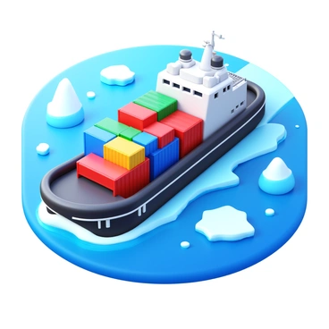 An icebreaker ship with a robust hull is actively carving a path through icy waters. The ship is equipped with large, powerful engines, and its bow is specifically designed to crush thick ice. It is surrounded by floating icebergs and smaller chunks of ice. The cargo aboard includes large shipping containers stacked securely on the deck, showcasing various colors for contrast. The scene captures the dynamic movement of the ship as it pushes through the frozen landscape, creating an impressive wake in the icy blue water.