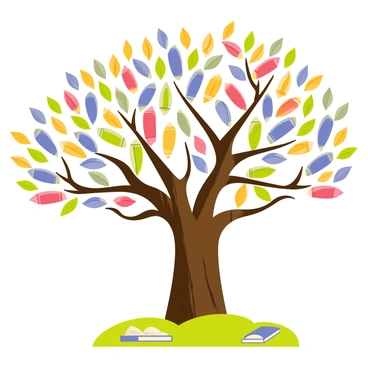 A large, sturdy tree with a thick brown trunk and sprawling branches reaching outward. The leaves of the tree are made up of colorful books in various sizes and shapes, with titles visible on their spines. The books appear to flutter gently in the wind, giving an impression of vibrant life. Below the tree, a soft green grass carpet covers the ground, and a few scattered books lie open, as if inviting readers to explore the knowledge within. The background features a clear blue sky, allowing sunlight to filter through the branches, creating a warm and inviting atmosphere.