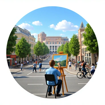 An illustrator with short brown hair, wearing glasses and a blue shirt, sits at an easel in a bustling urban environment. Surrounding the illustrator are iconic Sheffield landmarks such as the Crucible Theatre and the Winter Garden, depicted in lively colors. In the foreground, there are pedestrians walking, people sitting at outdoor cafes, and cyclists riding by. Trees with green foliage line the streets, and a bright blue sky with fluffy white clouds creates an inviting atmosphere. The illustrator is focused on their canvas, where they are painting a scene filled with the dynamic energy of Sheffield city life.