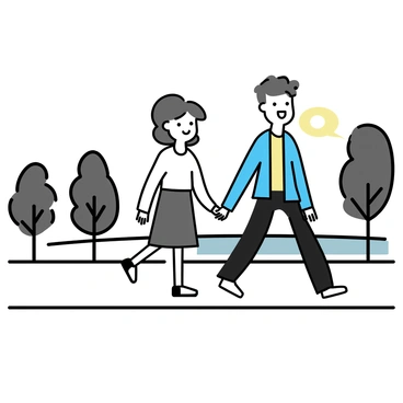 A couple is walking hand-in-hand along a riverside promenade. The man is wearing a navy blue jacket and dark jeans, while the woman is dressed in a light sweater and a flowing skirt. The dimming light of dusk casts soft shadows around them. Trees line the walkway, their silhouettes visible against the fading sky. The calm river reflects the last hints of sunlight, creating a serene atmosphere.