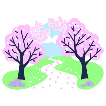 A garden pathway is visible, winding through an area filled with cherry blossom trees. The trees are in full bloom, featuring clusters of pink flowers. On both sides of the pathway, delicate branches extend outward, creating an arch of blossoms overhead. The ground is dotted with fallen petals, creating a soft carpet of color. Along the sides of the pathway, there are small decorative stones and patches of green grass peeking through. In the distance, a light blue sky is visible, enhancing the scene.