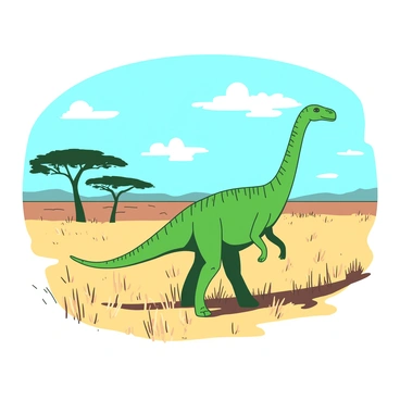 A green dinosaur with a long neck is walking across a vast savannah. The ground is covered in tall, golden grasses swaying gently in the warm breeze. In the background, there are clusters of typical savannah trees with wide canopies, casting soft shadows on the ground. The sky above is a bright blue with a few fluffy white clouds drifting lazily. The sunlight bathes the scene, highlighting the dinosaur's textured skin and casting a long shadow behind it.