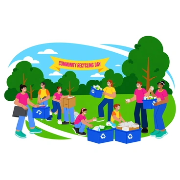 A lively community recycling event takes place in a sunny park. Groups of volunteers, wearing colorful matching T-shirts, are actively collecting and sorting a variety of recyclables. Some volunteers are handling bright blue bins labeled with recycling symbols while others are organizing items like cardboard, plastic bottles, and aluminum cans on tables. Several cheerful families can be seen participating, with children excitedly helping by picking up litter and placing it in the correct bins. A banner overhead reads "Community Recycling Day" in bold letters, and green trees and lush grass surround the scene.