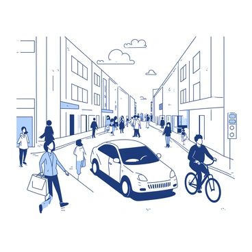 A minimalist line art illustration depicting a busy street scene. There are simple outlines of tall buildings on either side, with a few doors and windows represented by small squares and rectangles. In the foreground, there are stick figures of people walking briskly, some holding shopping bags. A simplistic car with rounded edges is shown driving down the street, alongside a bicycle rider. Above, a few lines represent clouds in the sky. The composition is balanced and clean, focusing on the busy activity of the street.