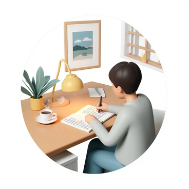 A cozy workspace featuring a wooden desk with a warm table lamp casting a soft glow. A person, wearing a light gray sweater and blue jeans, is seated at the desk, writing in a gratitude journal with a pen. The journal is open to a page filled with handwritten notes. Surrounding the desk are potted plants, a cup of steaming tea, and a framed photo on the wall of a scenic landscape. Natural light is filtering in through a nearby window, creating a serene atmosphere.
