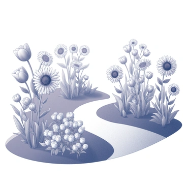 A flower garden in full bloom with various types of flowers, including tall sunflowers and bushy daisies, prominently displayed. A winding path meanders through the garden, leading the viewer's eye through the vibrant arrangements of flora. In the foreground, a cluster of blooming tulips adds texture, while intricate leaves intertwine among the blossoms. The entire scene is depicted with strong contrasts, highlighting the details of each flower and the path’s curves.