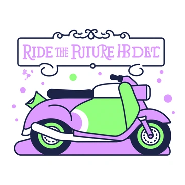A vintage-style advertisement is displayed prominently. In the center, there is a sleek moto-bike with a shiny body and streamlined design. The bike is positioned at an angle that showcases its elegant curves and details, such as the wheels and handlebars. Above the bike, in bold lettering, the catchy slogan reads "Ride the Future Today," framed by ornate decorative elements. The background includes subtle hints of retro patterns to enhance the vintage feel of the advertisement.