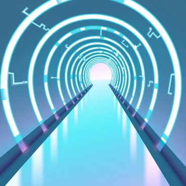 A long tunnel with smooth, metallic walls reflecting ambient light. The tunnel is illuminated by soft, blue lights that line the ceiling, creating a futuristic atmosphere. The floor of the tunnel is sleek and polished, leading the viewer's gaze towards the vanishing point in the distance where the tunnel seems to stretch infinitely. The edges of the tunnel are lined with intricate circuit patterns, enhancing its advanced design. Shadows are cast along the sides, adding depth to the structure.