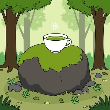 A lush forest filled with tall green trees and dappled sunlight filtering through the leaves. In the center of the scene, there is a large, moss-covered rock that has shades of dark green and soft brown. On top of the rock, there is a delicate cup of matcha, the creamy green beverage visible inside the cup. Surrounding the rock are small ferns and scattered wildflowers, adding splashes of color. A gentle breeze seems to move the leaves overhead, creating a sense of tranquility in this natural setting.