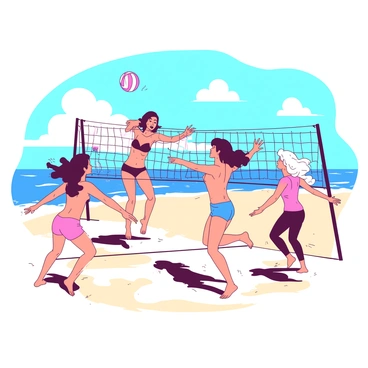 A group of five friends is playing an energetic game of volleyball on a sunny beach. The friends have different hair colors and styles, showcasing a mix of excitement and concentration. Two of them are positioned near the net, leaping into the air to hit the ball, while the other three are spread out on the sandy court, ready to receive or serve. The sand is being kicked up around them as they move. In the background, there are gentle waves lapping at the shore, and a bright blue sky overhead dotted with a few fluffy white clouds.