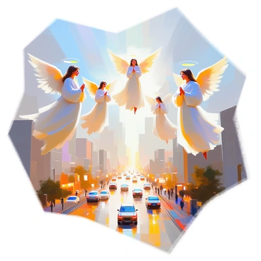 A scene depicting several angelic figures with luminous wings, gracefully hovering above a sprawling cityscape. The figures are adorned in flowing white robes that billow gently as they float. Each angel has a serene expression, and they are positioned at various points in the sky, casting a warm, radiant light over the buildings below. The city is bustling with life, with streets filled with people and cars, under a clear blue sky. The angels' presence gives a sense of peace and safety to the urban environment.