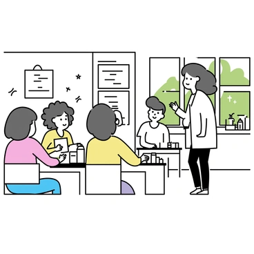 A bright workshop space filled with natural light. An esthetician, wearing a white lab coat and black pants, stands at the front, demonstrating skincare techniques. She is surrounded by a small group of five individuals, each seated at simple desks with skincare products in front of them. The participants consist of three women and two men, all attentively watching the presentation. One woman, with curly hair, is taking notes. A man with glasses is asking a question while another woman adjusts the products on her desk. The walls are adorned with charts on skincare routines and techniques. A large window shows greenery outside, adding to the vibrant atmosphere of the workshop.