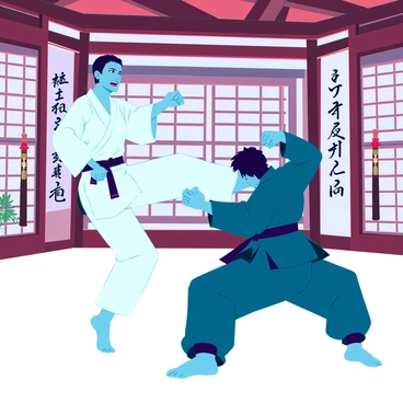 Two martial artists engaged in a dynamic fight pose within a traditional dojo. The first martial artist is wearing a white kimono and has short black hair, demonstrating a high kick with their right leg while maintaining a fierce expression. The second martial artist, clad in a dark blue gi, is crouched low, preparing to counter with a swift punch. Behind them, wooden beams and rice paper sliding doors define the dojo environment, with a few training weapons displayed on the walls. Decorative elements, like calligraphy scrolls, can be seen in the background, enhancing the atmosphere of the scene.