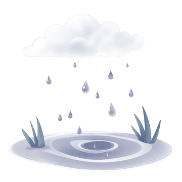 Raindrops falling from a cloudy sky. Each droplet captures delicate details, and upon touching the ground, transforms into floating ethereal shapes representing various dreams. The ground is a soft surface that reflects the impact of the raindrops, creating subtle ripples. Surrounding the scene are lush green blades of grass, slightly bending under the weight of the falling rain. The atmosphere is filled with a sense of tranquility as the rain continues to fall gently.