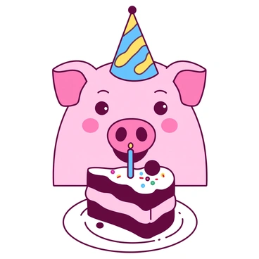 A pink pig face with large, round cheeks and a cheerful expression is adorned with a colorful party hat featuring yellow and blue patterns. In front of the pig, there is a large slice of cake on a white plate, with layers of chocolate and vanilla frosting. The cake has colorful sprinkles on top, and a small blue candle is placed in the center of the slice. The pig's eyes are bright and joyful, capturing the festive atmosphere.