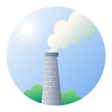 An industrial smokestack made of gray bricks is prominently positioned in the foreground. It is releasing multiple puffy white clouds of smoke into a clear blue sky. The sun is shining brightly, casting soft shadows on the smokestack. In the background, there are hints of green trees lining the horizon, creating a stark contrast against the blue. The overall scene captures the interaction between the smokestack and the expansive sky.