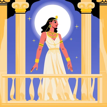 A woman resembling "Cleopatra" stands gracefully on a balcony of a grand palace. She is adorned in a flowing, intricate gown with golden accents. Her hair is styled with elegant curls and a decorative headpiece featuring jewels. The balcony is adorned with ornate railings and draped fabrics. Above her, the sky is illuminated by a large, bright moon surrounded by scattered stars, casting a soft glow over the scene. The palace features tall columns and intricate patterns, emphasizing its opulence.