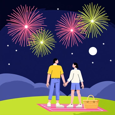 A couple standing together on a grassy hill, looking up at a vibrant grand fireworks display lighting up the night sky. The fireworks explode in a variety of colors, including red, blue, green, and gold, creating a spectacular visual feast. The couple is holding hands, with a picnic blanket spread out beside them, and a picnic basket resting nearby. The moon is visible in the background, adding to the nighttime atmosphere. The scene captures the excitement and wonder of the moment.