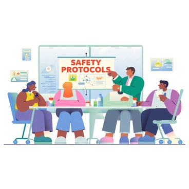 A group of five employees with diverse appearances is seated at a long rectangular table in a well-lit office conference room. They are attentively watching a large screen at the front, where "Safety Protocols" is boldly displayed in letters. The employees are engaged, some taking notes on their laptops, while others have notepads in front of them. A presenter stands next to the screen, pointing at a diagram illustrating safety procedures. The room is equipped with various safety posters on the walls, and there is a large window allowing natural light to fill the space. A coffee cup and a few water bottles are placed on the table, adding to the atmosphere of a professional training session.