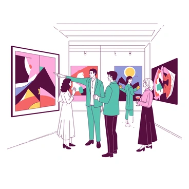 People admiring conceptual illustrations at the opening night of an art exhibition.