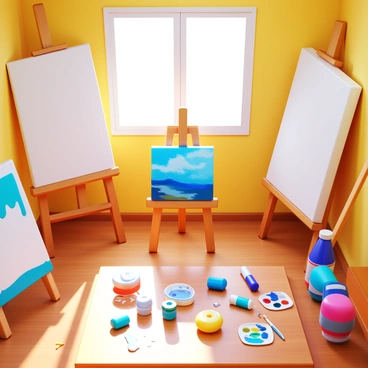 A cozy artist's chambre featuring several canvases leaning against the walls. There are scattered paint tubes in various colors, some open with paint oozing out. In the center, a half-finished painting sits on an easel, displaying vibrant brush strokes and a captivating scene in progress. The workspace has a wooden table cluttered with brushes of different sizes and palettes smeared with paint. Natural light streams in from a window, illuminating the creative chaos.