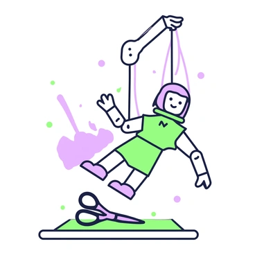 A puppet is hanging from a series of strings, being controlled from above. The puppet has a painted wooden face with articulated limbs, positioned in a mid-dance pose. Below the puppet, a pair of open scissors rests on a wooden surface, with the blades gleaming. In the background, the strings are pulled taut, creating a sense of tension in the scene. The environment has a subtle, shadowy quality, emphasizing the focus on the puppet and the scissors nearby.