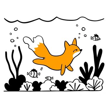 A cartoon fox with a fluffy orange body and a mermaid tail is swimming gracefully near a coral reef. The coral reef features various shapes and textures, with tall sea fans and clusters of intricate corals. Bubbles are rising around the fox as it moves through the water. Small fish are darting in and out of the coral formations, adding liveliness to the scene. The background shows gentle waves rippling above the reef, creating a sense of movement in the ocean.