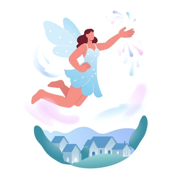 A fairy with delicate, shimmering wings is gracefully hovering above a quiet village. She is wearing a flowing gown adorned with tiny, sparkling stars, and her arms are outstretched as she casts a spell. Below her, the village is composed of quaint houses with thatched roofs, nestled among rolling hills. The sky above is a blend of twilight shades, featuring soft colors transitioning from deep blue to gentle purple. Wisps of magical light are radiating from the fairy's hands, illuminating the village with a warm glow. The scene captures the enchanting moment of transformation as day turns to night.