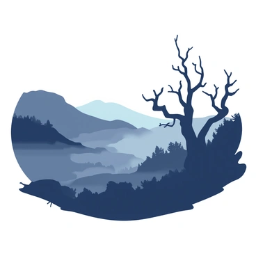 A dense fog envelops a shadowy landscape in the early morning light. The mist rolls steadily across the ground, partially obscuring the outlines of twisted trees with gnarled branches. Silhouettes of distant hills loom in the background, creating a sense of depth. The soft, muted light casts an ethereal glow over the scene, highlighting the contours of the land and the lingering wisps of fog that weave through the environment. The atmosphere is thick with intrigue, inviting exploration into the unknown.