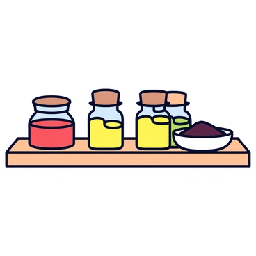 An assortment of spices in small, clear glass jars with cork stoppers. Each jar contains different colored spices such as vibrant red chili powder, yellow turmeric, and deep brown cumin. Beside the jars is a small bowl of dark tamarind pulp. The spices and tamarind are arranged artfully on a natural wooden spice rack with a smooth finish, showcasing the variety of textures and colors. The background is softly blurred to emphasize the spice rack.