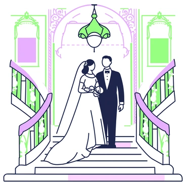 A bride and groom are standing on an ornate grand staircase within a historic building. The bride is wearing a flowing white wedding gown adorned with lace, and a delicate veil cascades from her hair. The groom is dressed in a classic dark suit with a white shirt and a coordinating tie. The staircase features intricate woodwork and polished banisters, with decorative motifs along the sides. Above them, a large chandelier hangs, providing soft lighting that accentuates the elegance of the space. The walls are adorned with vintage portraits and elaborate moldings, contributing to the grandeur of the setting.