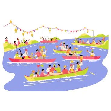 Colorful dragon boats are racing down a wide river, each boat adorned with vibrant dragon designs in shades of red, green, and gold. The boats are filled with enthusiastic paddlers, wearing matching team outfits, and intensely focused as they propel their boats forward. Surrounding the riverbanks, spectators are cheering and waving colorful flags, while traditional decorations in the form of lanterns are strung along the shore. The sky is clear blue, and the water reflects the lively atmosphere of the festival.
