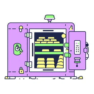 An underground bank vault is depicted with thick metal walls and a heavy door. Inside, there are numerous stacks of gold bars neatly arranged on sturdy racks. Each stack is polished, reflecting the dim light from overhead lamps. Various secure locks, both digital and mechanical, are mounted on the walls, showcasing their intricate designs. A digital keypad is positioned next to the large vault door, while a small security camera is located in one corner, monitoring the area continuously.