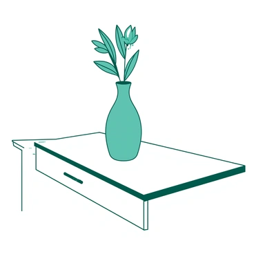 A white desk with clean lines features a single, elegantly designed object placed at its center. The object is a smooth, minimalist vase in a soft shade of teal. Inside the vase, there is a single tall stem with a flower that has delicate petals in a matching shade of teal. The background is uncluttered, emphasizing the simplicity of the scene, allowing the focus to be on the elegant design of the vase and the flower it holds.