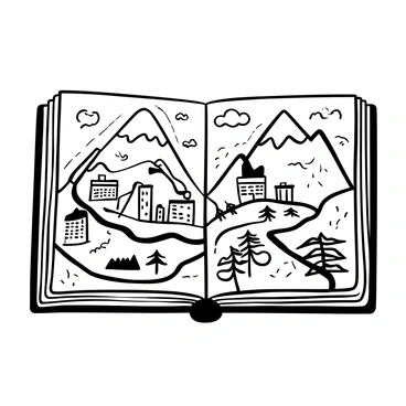 An open atlas page with "mountains" illustrated in intricate detail, showcasing their peaks and valleys. "Rivers" flow throughout the page, winding around the mountains, with patterns representing their movement. "Cities" are depicted with various buildings, streets, and landmarks, all clearly labeled. The background is filled with lines indicating geographic contours and features.