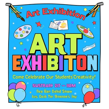 A large, vibrant poster designed to invite attendees to a school art exhibition. The poster has a bright blue background filled with splashes of color, showcasing various art elements. At the top, bold letters read "Art Exhibition" in a playful font. Below that, there are colorful illustrations of paintbrushes, palettes, and artworks like drawings and paintings scattered throughout the design. The poster features a catchy tagline, "Come Celebrate Our Students' Creativity!" written in a fun, bouncy font. The date and time of the exhibition are prominently displayed at the bottom in large, colorful letters. Balloons and stars surround the text, adding to the festive atmosphere of the invitation.