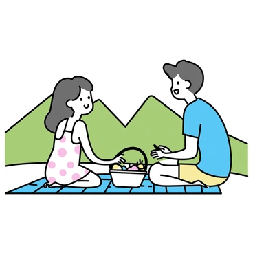 A couple sitting on a checkered blanket spread on a grassy hill. The man is wearing a light blue shirt and beige shorts, while the woman is dressed in a white sundress with floral patterns. They are sharing a basket filled with fruits and sandwiches. In the background, there are green mountains rising against a clear blue sky, creating a tranquil setting for their picnic.